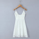 Purpdrank  Sexy White Jacquard Weave Floral Bow V neck Spliced Lace Sling Dress Women Slim Waist Chiffon Mini Dresses Party Robe