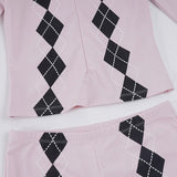 Purpdrank  Fashion Argyle Print Matching Set Women's Zip-up Front V-Neck Long Sleeve T Shirt&Shorts 2 Piece Outfit Casual Lounge Wear