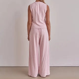 Purpdrank  Trousers Suit Office Lady Outfits Elegant Women Loose Two Piece Set Sleeveless Lace Up Vest Top Elastic Waist Wide Leg Pants Set