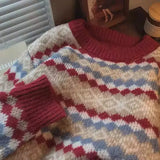 Purpdrank  Women's 2025 Autumn Winter New Loose Round Neck Long Sleeve Top Vintage Jacquard Christmas Red Knitted Sweater Pullover