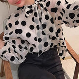 Purpdrank  Women Sexy Tie bow Collar Polka Dot Semi Sheer Shirt Long Sleeve See Through Organza Blouse Transparent Loose Tops