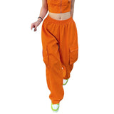Purpdrank  Cargo Pants Woman y2k Clothes Casual Solid Color Elastic Mid Waist Baggy Loose Trousers with Pockets 2000s Streetwear