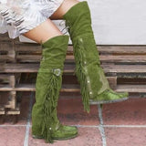 Purpdrank - Mujer Fashion Bohemia Knee-length Women Boots Ethnic Personality High Boots Tassels Faux Suede Boots Girl Flat Bottom Long Botas