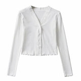 Purpdrank  70's Vintage V neck Wood ears Rib Long Sleeve Tee Base T-shirts Cool Girl Single-breasted Button Short Tee crop top