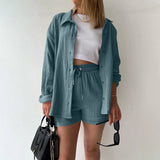 Purpdrank  Summer Cotton Linen High Waist Shirt Shorts Women Turn Down Collar Long Sleeve Tops and Shorts Suit Cotton Casual Two Piece Sets