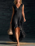 Purpdrank  Elegant Cotton Sleeveless Long Dresses For Women  Summer Solid Color V-neck  Party Maxi Dress Casual