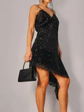 Purpdrank  Elegant Shiny Sequins Suspender Dress Sexy V-neck Sleeveless Irregular Party Dress Women's Fashion Backless Draped Mini Dresses