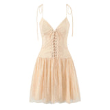 Purpdrank  Sexy Khaki Lace Cross Bandage Front V neck Lacing Up Bow Strap Sling Dress Women Back Zipper Sequin A-line Mini Dresses Vestidos