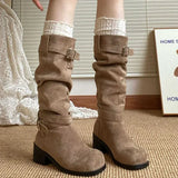 Purpdrank  Platform Thick Heel Women Western Cowboy Boots Fashion Slip On Folded Pile Long Booties Female Shoes Autumn Winter