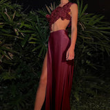 Purpdrank  Sexy Y2K Two Piece Women Dress Sets 2025 Fashion Flower Sequined Lace-Up Backless Cropped Top and Split Long Skirts Matching Set