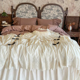 Purpdrank  100% Cotton Vintage French Pleated Lace Ruffles Bow Princess Bedding Set Duvet Cover Set Bed Skirt Bedspread Pillowcases