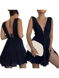 Purpdrank  Women Black Solid Sleeveless Elegant Deep V-Neck Backless Flowy Dress Formal Prom Gowns Party Dress Robe