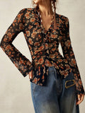 Purpdrank  Print Blouse Women Stand Collar Single Breasted Shirts Long Sleeve Vintage Fashion Top Spring Summer New Female Blouse