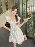Purpdrank  French Ruffled Lace Square Neck Small Flying Sleeve Floral Dress Summer New Style Waist-hugging Short Skirt