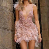 Purpdrank  Plus Size European American Women's Clothing Mini Dress Sexy Deep V Neck Feather Tank Dress Party For Nightclub