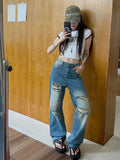 Purpdrank  Retro ripped jeans women summer American style high street straight leg pants design sense high waisted floor length pants