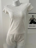 Purpdrank  Floral Print Eyelet T-shirt Shorts Set Women O-neck Slim Tees +Buttons Straight Sweatshort Casual Sweet Cotton Home 2 Pieces Set