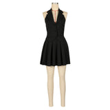 Purpdrank  Y2K Two Piece Women Office Dress Sets 2025 Summer Fashion Notched Sexy Backless Sleevelss Vests and Mini Pleated Skirts Outfits