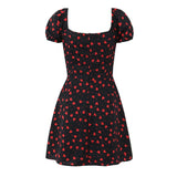 Purpdrank  French Retro Black Print Bow Square Collar Short Elastic Puff Dress Women Zipper Back Slim Waist Slit Hem Mini Dresses Robe Blue