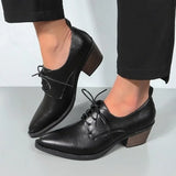 Purpdrank  Spring Split Leather Women Shoes Pointed Toe  Heels Lace Loafers Shoes for Women French Retro Casual Shoes