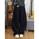 Purpdrank  Black Denim Sickle Pants for Women Loose Wide-Leg Embroidered Scimitar Design Versatile Pickup Style Washed Finish