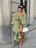 Purpdrank  Bandage Solid Women Dresses Full Sleeve V Neck Lady Dress 2025 Casual Street Lace Up A Line Loose Side Slit Female Robes