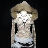 Purpdrank  American Gothic Y2k Fur Collar Hooded Jacket Women High Street Vintage Zipper Camouflage Coat New Retro Fashion Punk Slim Outfit