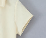 Purpdrank  CHIC Beige Polo Collar Bow Lapel V Waffle Knitted Short Sleeve Dress Women Slim Waist Spliced BUD Swing Short Dresses Robe