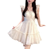 Purpdrank  French style Sweet Flying Sleeve Dresses Women Summer Advanced sense Temperament Fairy dress Waist Thin Petite Short Skirt