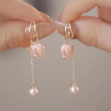 2024 New Korean Elegant Irregular Pink Tulip Long Tassel Earrings For Women Fashion Imitation Pearl Jewelry Gifts