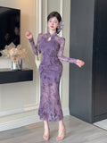Purpdrank  Sexy Long Sleeve Lace Cheongsam Dress Waist Cinched Maxi Skirt for Women Southeast Asia Cross Border Elegant Commute Style