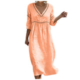 Purpdrank  Women's Casual Cotton Linen Dress Elegant Lace Trim Openwork V Neck Solid Color Loose Fit Summer Dress Boho Flowy Office Dresses