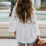 Purpdrank  Faionable Women's S2XL Blouse Lace irt Tops Summer Lady's Long Sve Cotton V-Ne Hollow out Splicing Bellsve