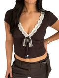Purpdrank  Dark Brown Lace V Neck Tie Front Women's Chic Tops Short Sleeve Ruched Fitted Blouse New Lady Daily Commute Street Shirts