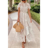 Purpdrank  Elegant Summer Women Bohemian Dress Chic New Short Sleeve Single Breasted Hollow Out Floral Lace Vacation Long Dress