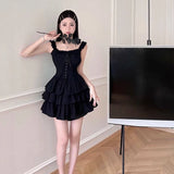 Purpdrank  Gothic Black Sexy Slip Dress Y2K Harajuku Streetwear Punk Lace Up Cake Dress Female Summer Korean Fashion Party Ruffles Dresses