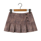 Purpdrank  Y2K Leopard 3 Buttons Low Waist Pleated Mini Skirt American Retro Short Skater Skirts With Shorts lining Pink Coffee