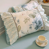 Purpdrank  Korean Princess Style 100% Cotton Bedding Set French Flowers Print Lace Ruffles Duvet Cover Bed Skirt Bedspread Pillowcases 4Pcs