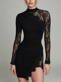 Purpdrank  Fashion Turtleneck Long Sleeve Short Dress Lady Sexy Asymmetrical Hem Party Dress 2026 Elegant Lace Sheer Mesh Ruched Mini Dress