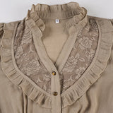 Purpdrank  Autumn French Retro Court Style Lace Patchwork Y2k Bandage V Neck Long Sleeve Slim Women Shirt