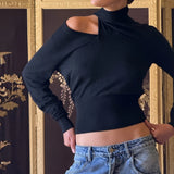 Purpdrank  New Autumn Fashion Black T Shirt Women Elegant Turtleneck Exposed Long Sleeve Slim Fit Casual Female Shirt Tops
