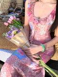 Purpdrank  Vintage Floral Printed French Sleeveless Fairy Dress Holiday Beach Female Lace-up Boho Dress Casual Street Ruffles Party Dress