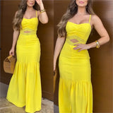Purpdrank  Sexy Hollow Off Shoulder Slim Evening Dress Elegant High Waist Pleats Suspender Dress New Yellow Lace Patchwork Women Long Dress