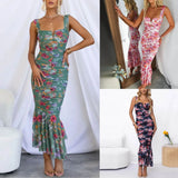 Purpdrank  Women's Sundress Elegant Party Bodycon Dress Colorful Printed Sleeveless Camisole Dress Ruffle Ruched Zipper Slim Fit Long Dress