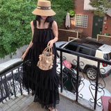 Purpdrank  French Style Chic Summer elegant Solid Sleeveless Slash Neck Flounced edge Patchwork Long Slim Woman Dress