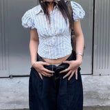 Purpdrank  Stylish Blue White Striped Lapel ollar Short Puff Sleeve Shirt Women Slim Waist Open Buttons Crop Blouse Girl's Tops