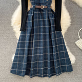Purpdrank - High Quality Fall Winter Women Sweater Overalls Dress Sets Casual Knitted Tops +Plaid Woolen Dress 2 Piece Sets Outfits Female