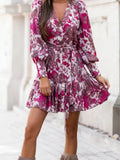 Purpdrank  Spring Sexy V-neck Lace-Up A-Line Dress Autumn Fashion Pattern Print Draped Mini Dress 2026 Women Casual Long Sleeve Party Dress