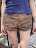 Purpdrank  Vintage Brown Plaid Casual Shorts Women Summer Mid Waist Cotton Flanging Hem Sweatshorts Preppy Style Fashion Sport Shorts New
