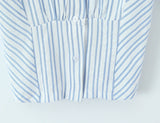 Purpdrank  Stylish Blue White Striped Lapel ollar Short Puff Sleeve Shirt Women Slim Waist Open Buttons Crop Blouse Girl's Tops
